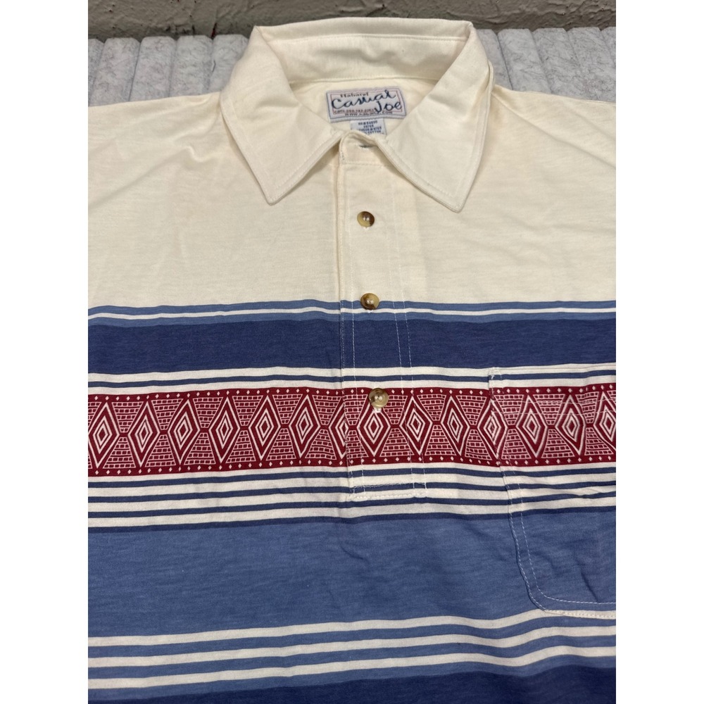 Haband Casual Joe Mens Large Polo Shirt Cream Striped Geometric Southwestern